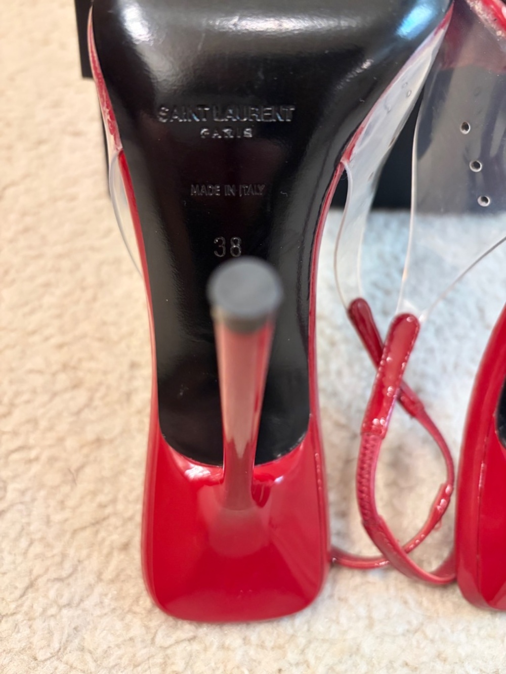 $1,095 SAINT LAURENT Frida Leather And Pvc Slingback Pumps In Cherry - Picture 9 of 13